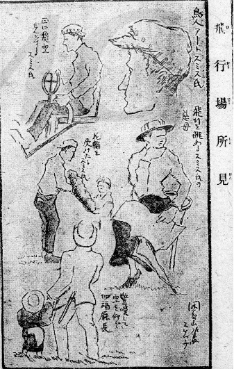 圖十一 美籍飛行家「鳥人」史密斯(Arthur Roy Smith)於1916年來台飛行表演,一位漫畫家繪製現場情景素描。(原圖刊登於《台灣日日新報》1916年7月5日第7版。)