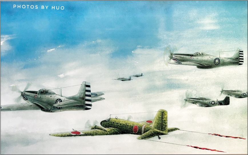 圖二 中美空軍六架P-51戰鬥機伴飛日本運輸機。(攝自抗戰勝利受降紀念館)