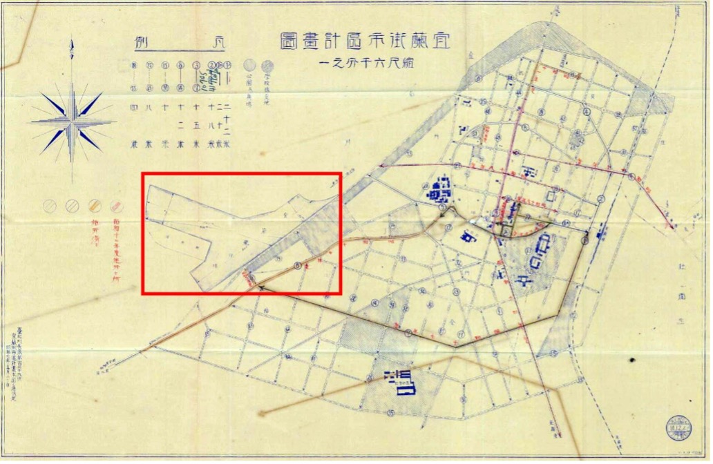 圖二 1932年5月的宜蘭街市區計畫圖,已經繪製出宜蘭飛行場的2條跑道位置。(來自維基共享資源,《宜蘭街市區改正工事》,公有領域)