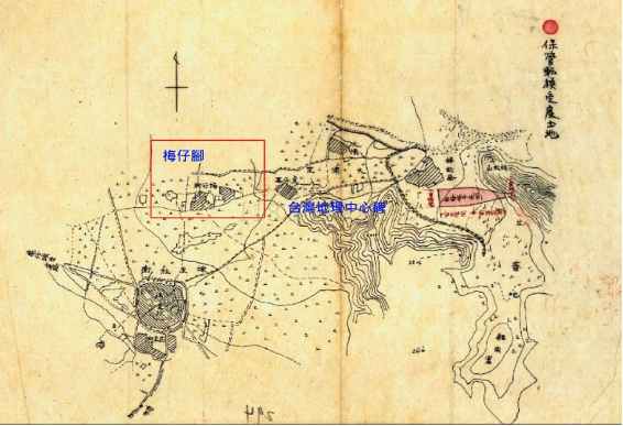圖四 埔里練兵場位置,與台灣地理中心碑距離不遠。(明治41年7月3日台經營第608號)