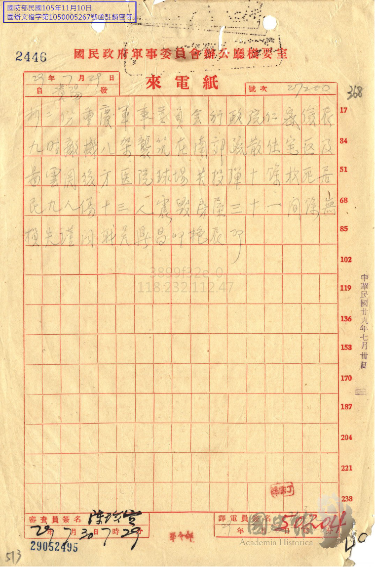 圖四 1940年一封由貴陽發到重慶軍事委員會的電報描述日軍轟炸圖雲關的情形,提及居民傷亡:「九時,敵軍八架襲筑,在南郊疏散住宅,返及圖雲關後方醫院球場,共投彈十餘枚,死居民九人、傷十三人,震毀房屋三十一間,餘無損失。」(來源:國史館)