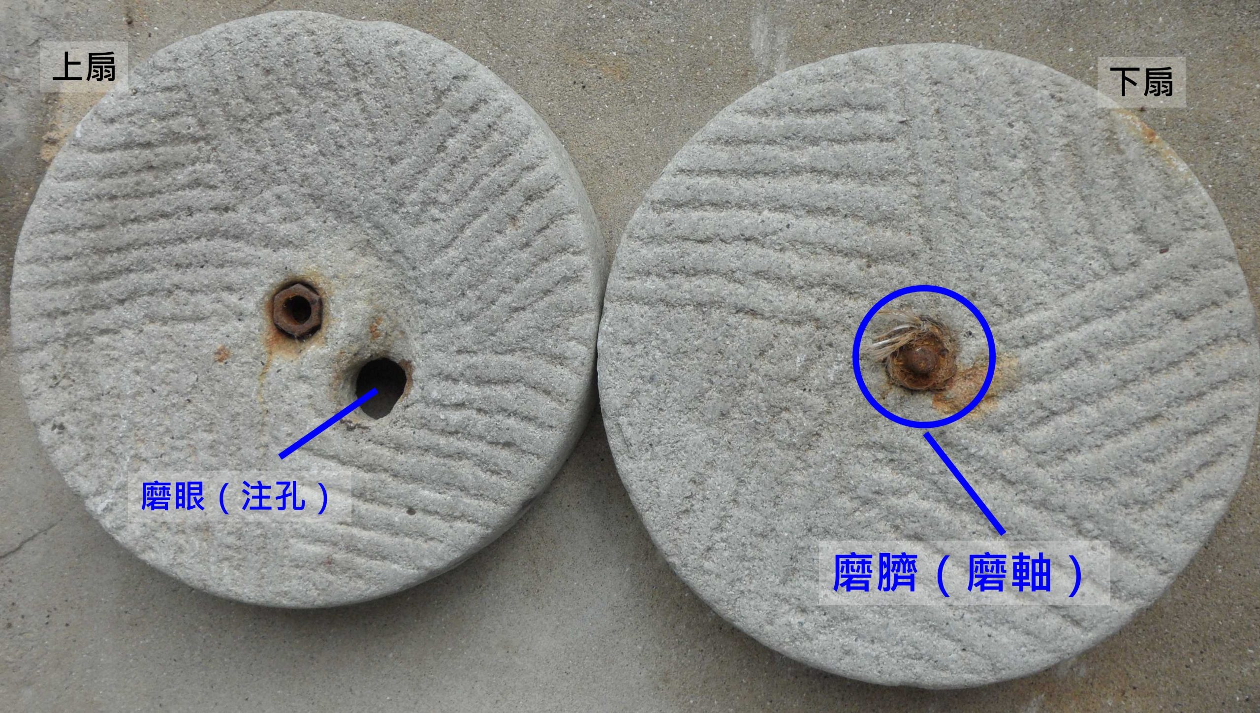 圖三　石磨用來接合上下盤的磨軸，因為形如人的肚臍，故又稱「磨臍」；一般以鐵製成，可由下扇拔出。（來源：維基共享資源，公有領域，加注圖示）