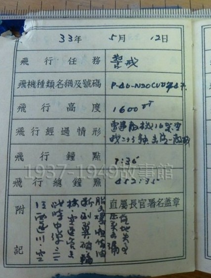 圖一 1944年5月12日,中美混合團(CACW)成立的第一場空戰,喬無遏首開紀錄,擊落日軍一架Ki-43 Oscar。飛行日記上記錄:遭遇敵機16架空戰二十分鐘,擊落一敵機。附記:於邃川空戰時中彈三二顆。空速管擊斷,副翼破,輪胎擊爆,液體油壓管擊漏,落地失事。
