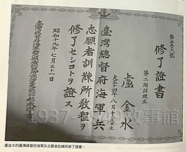 圖二　盧金水的海軍志願者訓練所結業證書。