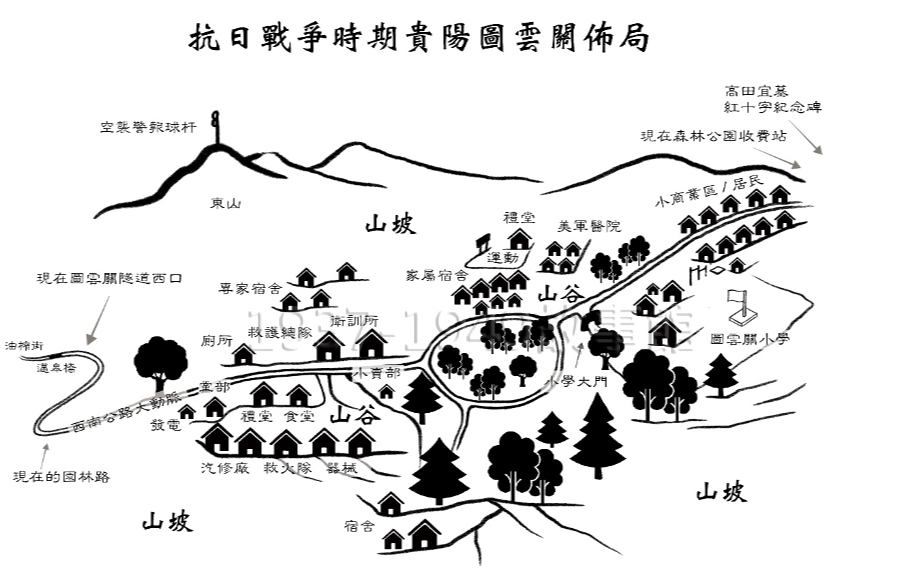 圖一 圖雲關基地全景(邢若琳根據《林可勝 民國醫學史上第一人》第206頁位置圖繪製)。