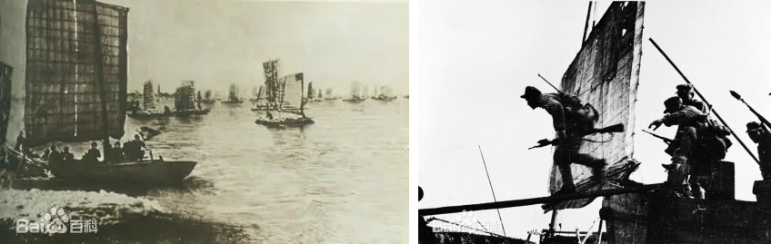 圖二 渡過長江的共軍。民國三十八年四月下旬至六月初,共軍發起渡江戰役,南京、上海淪陷,國軍長江防線失守,失去華東地區。(來源:百度百科1、2)